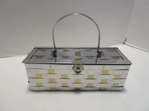 Vintage Metal Handbag Box Purse Hinged weaved  gold/silver 19.25" Wide  1950’s - Picture 1 of 11