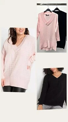 Ex Yours Ladies Longline Oversized Ribbed Stripe V-Neck Jumper Sizes 14-36 - Image 1 of 4