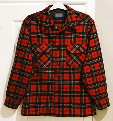 Vintage Pendleton Men's Red Wool Tartan Plaid Looped Board Shirt ~ Size Medium - Image 1 of 4