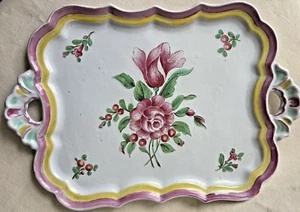 Vintage italienische handbemalte Keramik Tablett Platte Floral Rose 15" x 10" Griffe - Bild 1 von 10