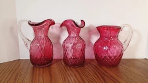 Vintage Cranberry Glass Set Pitcher Jug Vase Quilted Clear Handles - Picture 1 of 11