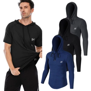 Men's Athletic Shirt Workout Running Long/Short Sleeve Shirts Hoods Quick Cry - Picture 1 of 19