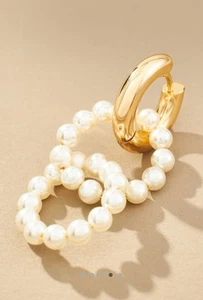 Anthropologie Pearl Hoop Huggie Earrings NWT 14K Gold Plated - Picture 1 of 4
