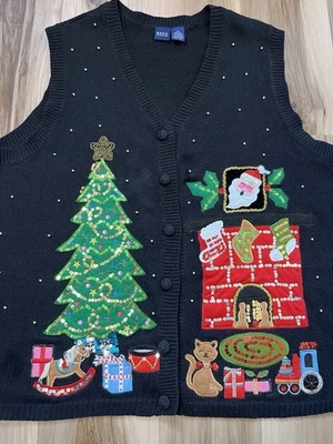 Vintage Christmas Sweater Vest Women's 2X Santa Beads Sequins Cats Holiday Xmas - Image 1 of 4