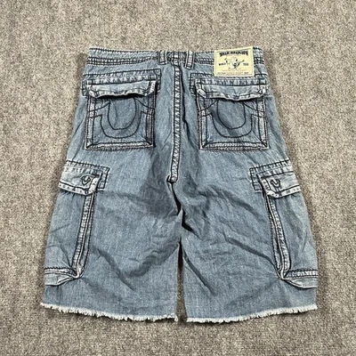 True Religion Shorts Mens 32 Blue Denim Cargo Cut Off Raw Hem Big T Drawstring - Image 1 of 4