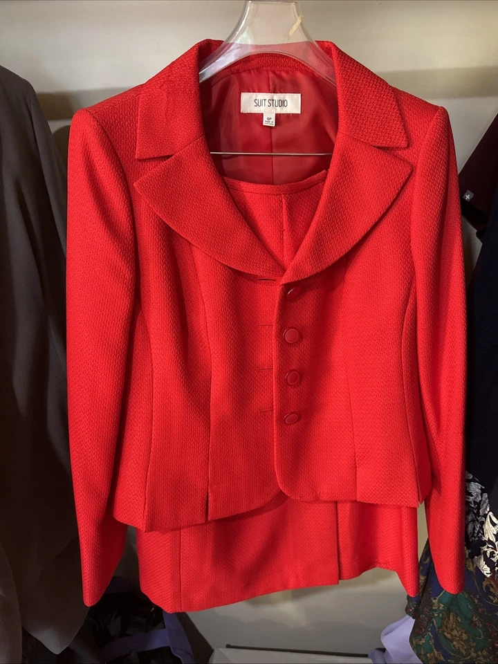 Traje Studio Rojo Traje Talla 6p Falda Lápiz Manga Larga Chaqueta Forrada Poliéster Foto 1 de 4