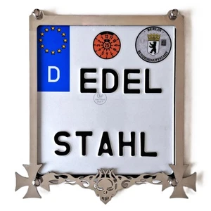 Exklusiver Kennzeichenhalter Motorrad mit Totenkopf Edelstahl Hochglanz 180x200 - Bild 1 von 7