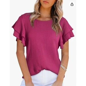 Women's Ruffle Short Sleeve Blouse Rose Cotton Gauze Casual Loose Fit Top Medium - Picture 1 of 7
