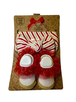 Baby Essentials Baby Girl 0-6 Month Headband & Socks Red Gold Glitter Ruffles - Image 1 of 4