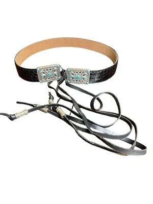 Brighton 黑色爬行动物皮肤银色绿松石流苏腰带 B30108 女式 Med — 第 1/4 张图片