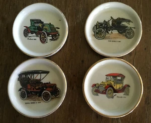FOUR CERAMIC COASTERS W/ GOLD TRIM - ANTIQUE AUTOS (D996) 3 INCHES EA. - Picture 1 of 2
