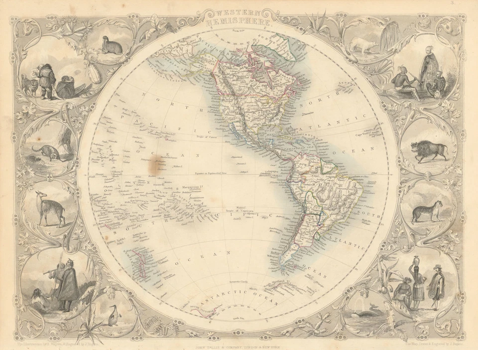 HEMISFERIO OCCIDENTAL. Espectáculos América Rusa, Gran Colombia. Mapa RAPKIN/TALLIS 1851 Foto 1 de 1
