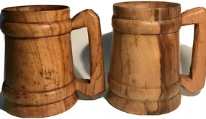 Paar (2) gedrehte gedrechselte Holz Bier Ale Becher Krüge dekorativ oder versiegelt zur Verwendung - Bild 1 von 12