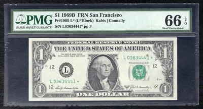 FR. 1905-L* 1969-B $1 *STAR* FRN SAN FRANCISCO, CA PMG GEM UNCIRCULATED-66EPQ - Image 1 of 2