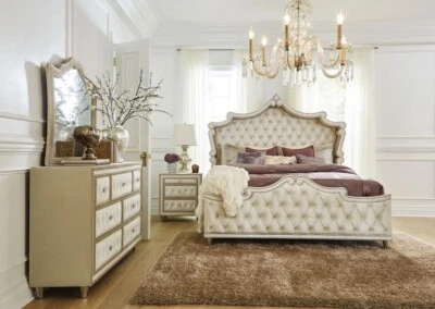 MAJESTIC 4 PC IVORY & CAMEL VELVET QUEEN BED NS DRESSER BEDROOM FURNITURE SET - Image 1 of 4