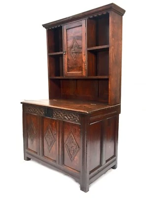 Antique Oak Wooden Carved Bookcase & Coffer Blanket Box Combination Cabinet 1900 - Image 1 of 4