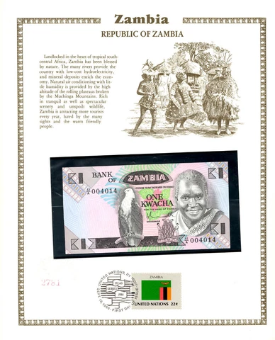 Zambia 1980 1 Kwacha P-23a UNC w/FDI UN FLAG STAMP 41/A 004014 sign 5 Low # Cover