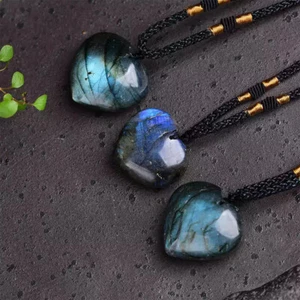 Natural Heart Shape Crystal Pendant Labradorite Quartz Stone Necklace Healing - Picture 1 of 18