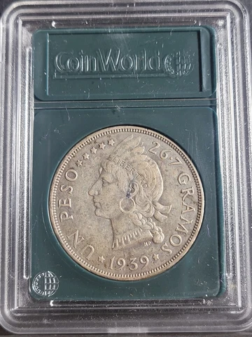 DOMINICAN REPUBLIC  1939  1 PESO SILVER COIN, XF to ALMOST UNCIRCULATED Cover