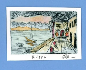 Mediterranean RIVIERA Seaside town & Boats Original WATERCOLOR ETCHING Signed - Picture 1 of 1