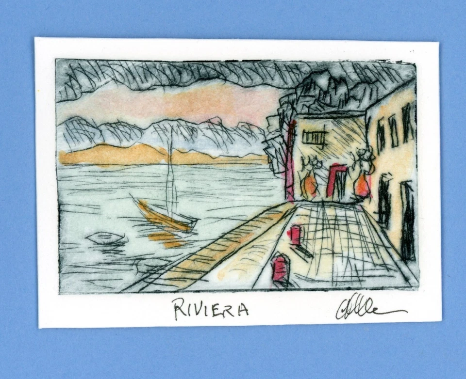 Cidade costeira e barcos Mediterrâneo Riviera. Gravura em aquarela original assinada - Imagem 1 de 1