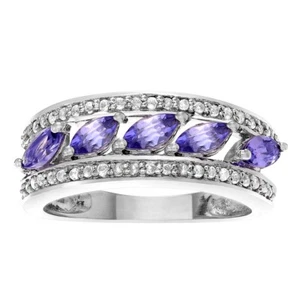 Natural Tanzanite and Diamonds Band Engagement Ring 14k White Gold  - Picture 1 of 3