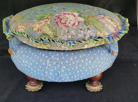 Cottagecore Footstool with Tapestry Pillow Top And Cabriole Wooden Legs 18" Cover