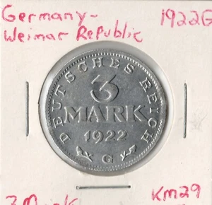 Moneda Alemania (Weimar) 3 marcos 1922 G KM29 - Imagen 1 de 2