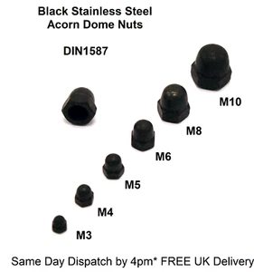 Black Stainless Steel Acorn Dome Nuts M3 M4 M5 M6 M8 M10 Galvanised Pack of 4/10 - Picture 1 of 3