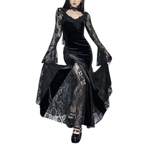 AltGoth Gothic Lace Patchwork Midi Dress Women Flare Sleeve Vintage Clubwear - Picture 1 of 13