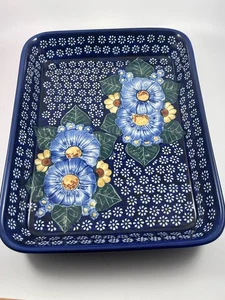 Polish Pottery Flowers Leaves Casserole Baking Dish Stoneware - Picture 1 of 7