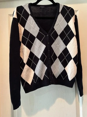 John Galt Blue Argyle Button Up Cardigan Cropped One Size M - XL Preppy - Image 1 of 4