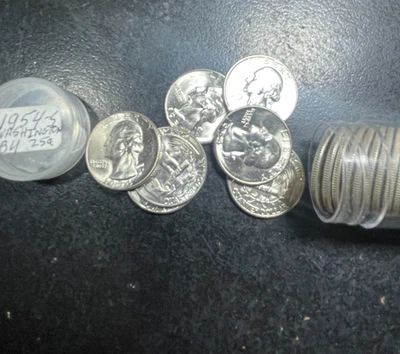 Rollo de cuarto de plata Washington 1954-S ~ BU ~ hermosas monedas~ Foto 1 de 2
