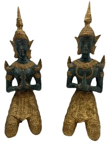 THAI Buddhist Teppanom Angel Guardian Gilt Bronze Pray Kneel Statue Figure 10” - Picture 1 of 16