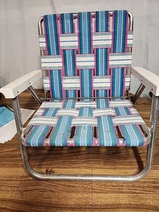 Vintage Aluminum Webbed Folding Lawn Chair Beach Chair Pink Green Blue - Picture 1 of 13