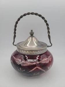 Antique Bohemian Ruby Red Cranberry Cut to Clear Glass Handle Lidded Biscuit Jar - Picture 1 of 11