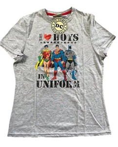 D C Comics retro grey t shirt Batman, Robin & Superman foil details NWT size 16 - Picture 1 of 4