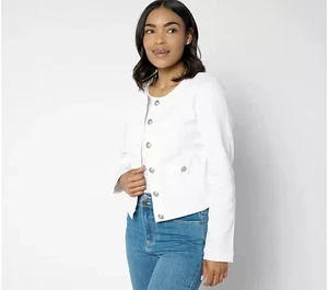 Susan Graver White Stretch Denim Collarless Jacket White Medium A647449 - Picture 1 of 1