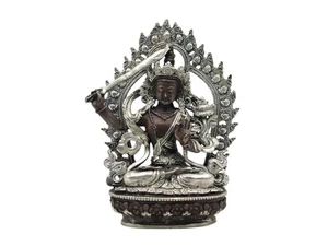 4 Zoll Manjushri, buddhistische Miniaturstatue, Silber und Schokolade oxidiert - Bild 1 von 5