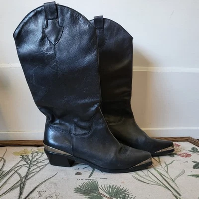 Nicole Western Cowboy Boots Leather Metal Edge Black Women Size 7.5M - Image 1 of 4