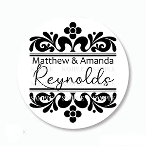 Black Ornate Wedding Shower Favors Stickers Damask Wedding Name Labels 3 Sizes - Picture 1 of 1