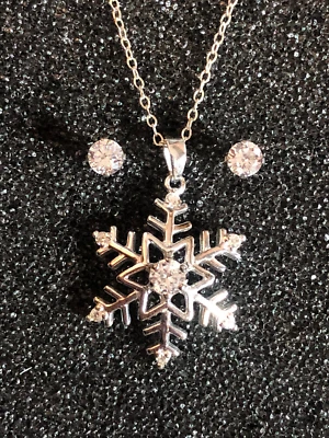 Sterling Silver CZ Snowflake Necklace Stud Earrings Set 17.7" Rhodium925 2g 5398 - Image 1 of 4