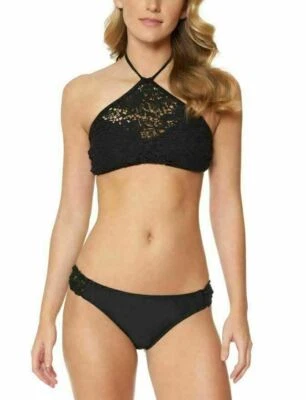 Traje de baño bikini de cuello alto negro ganchillo XL Jessica Simpson FLOWER POWER  Foto 1 de 3