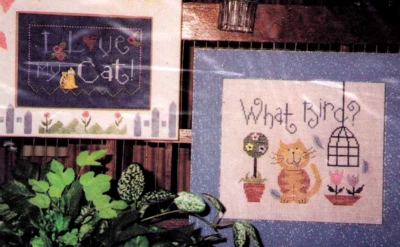 Cross Stitch Primitive Lizzie Kate Cat Lovers Bird Cage Topiary OOP - Image 1 of 2