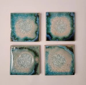 Art Pottery and Fused Glass Coasters Teal Green Brown Clear Set of 4 - Picture 1 of 5