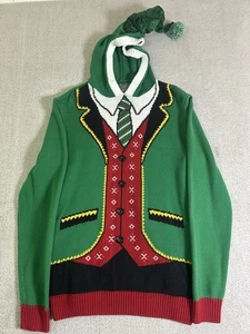 Ugly Christmas Sweater Men’s Large Green Elf Suit Costume Hoodie Holiday Party - Picture 1 of 15