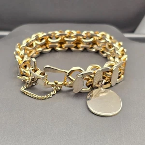 VTG Heavy Link Chain Bracelet 6.75" Textured & Polished Accents Oval Charm 60s - Picture 1 of 11