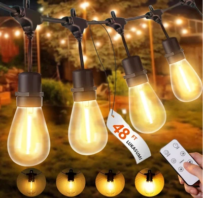 Luces LED Exteriores 48Ft con Regulador y 15 Bombillas Edison Impermeables,Nuevo Foto 1 de 4
