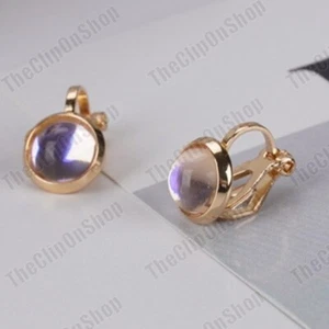 CLIP ON small 1.2cm RETRO EARRINGS round FAUX OPAL MOONSTONE 12mm GOLD FASHION - Picture 1 of 3
