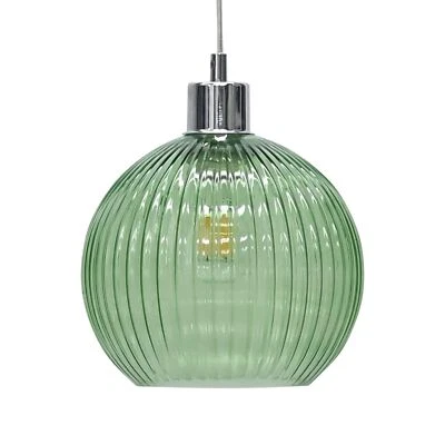 FIRSTCHOICELIGHTING Modern Green Ribbed Glass Globe Easy Fit Pendant Shade Ceiling Lightshade